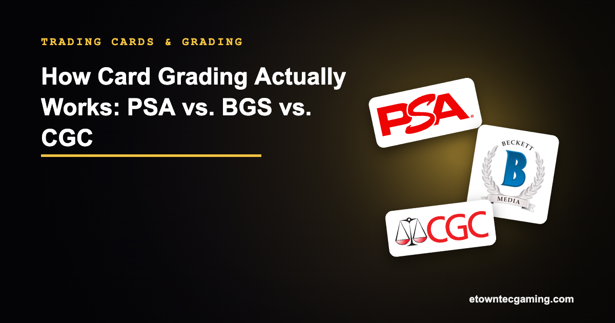 Banner for How Card Grading Actually Works: PSA vs. BGS vs. CGC, featuring the real PSA, Beckett Media (BGS), and CGC logos