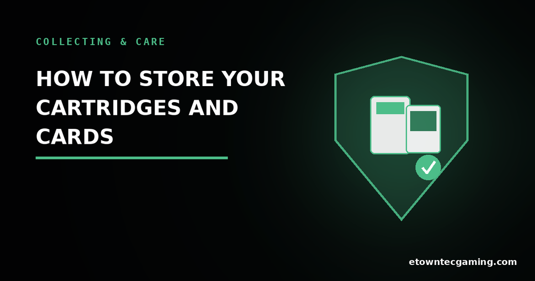 Banner graphic for How to Store Your Cartridges and Cards, showing a protective shield over a cartridge and card