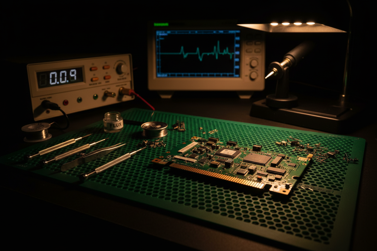 Professional electronics repair workbench with retro game console circuit board, precision tools, and equipment